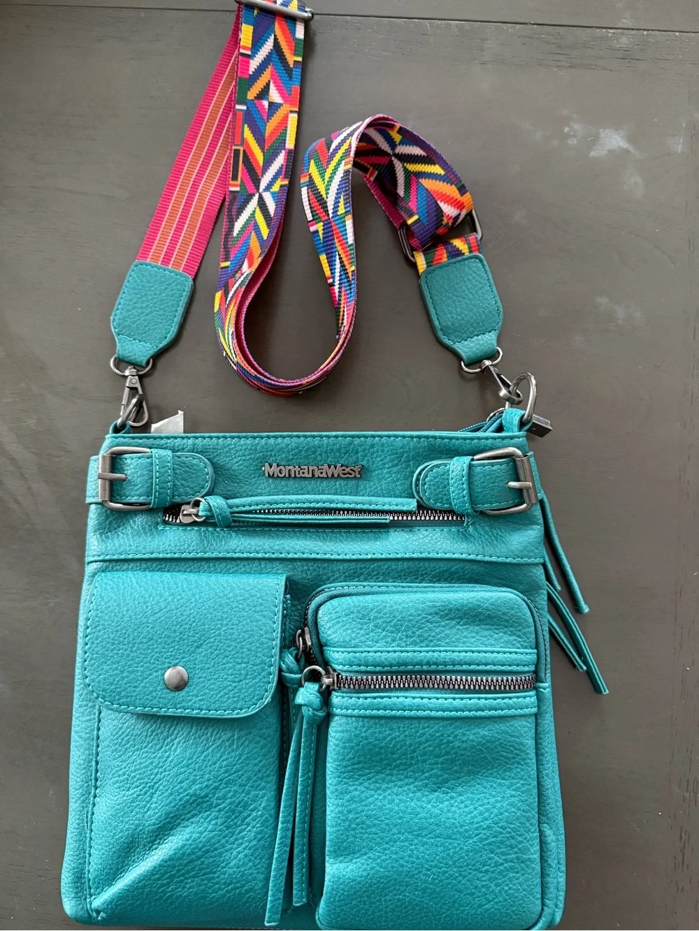 Montana West Teal Crossbody with Colorful Geometric Strap